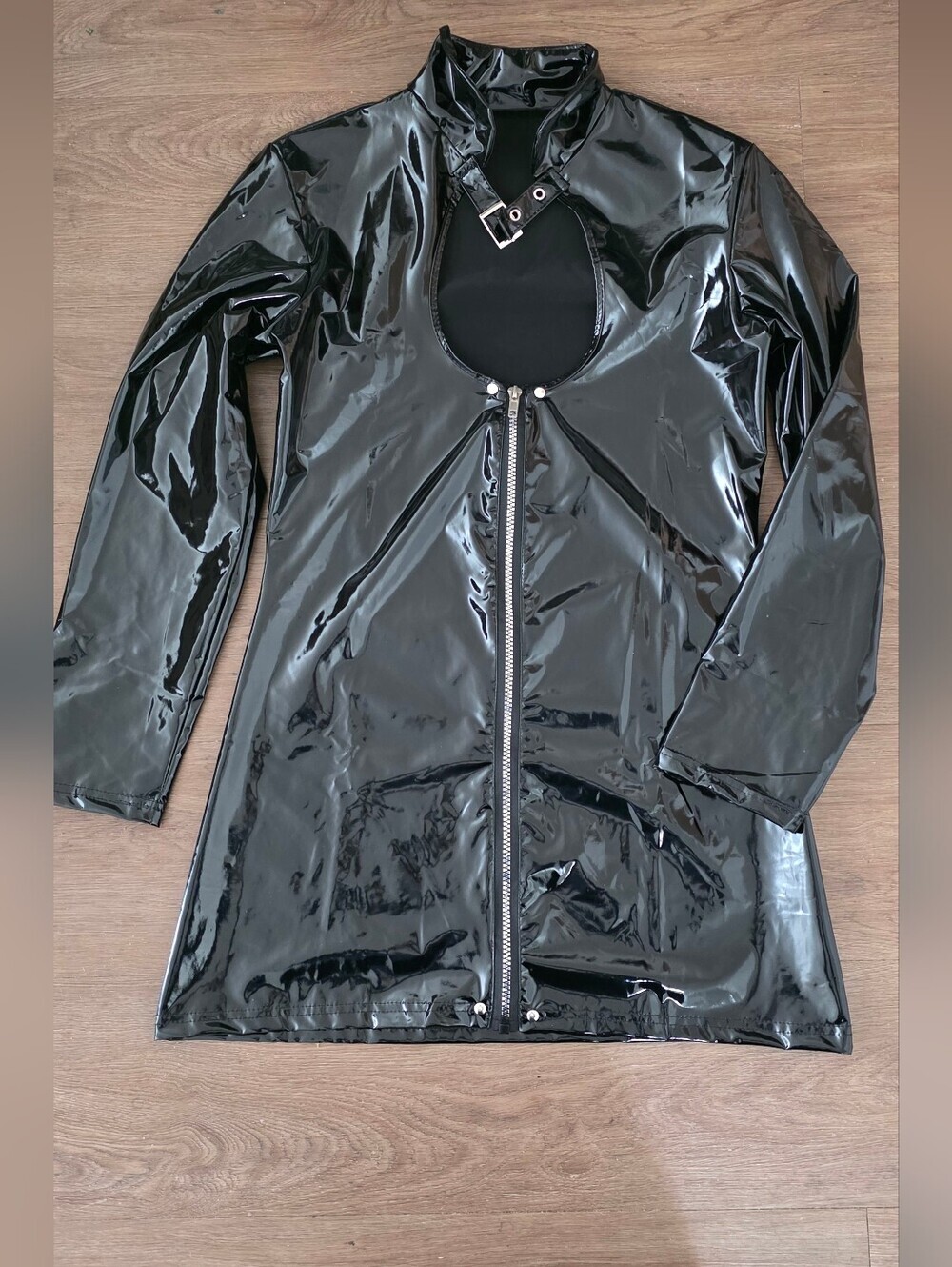 Black Patent Zip-Front Women's Coat